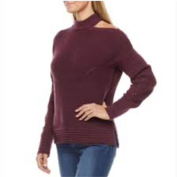 WORTHiNGTON NWT Women’s Peek A Boo Shoulder Crew Neck Sweater Burgundy Size L - Picture 1 of 12